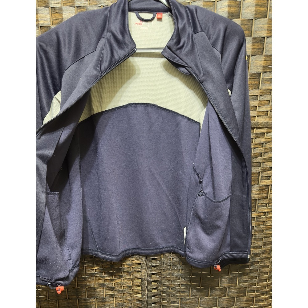 PUMA Mens Track Jacket L Long Sleeve Full Zip Navy Blue white stripe LARGE VTG - Picture 6 of 10